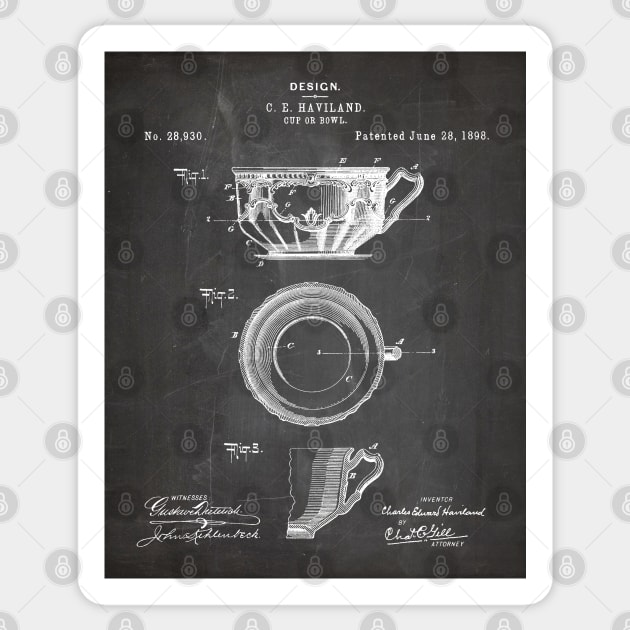 Tea Cup Patent - Tea Coffee Lover Home Kitchen Décor Art - Black Chalkboard Sticker by patentpress